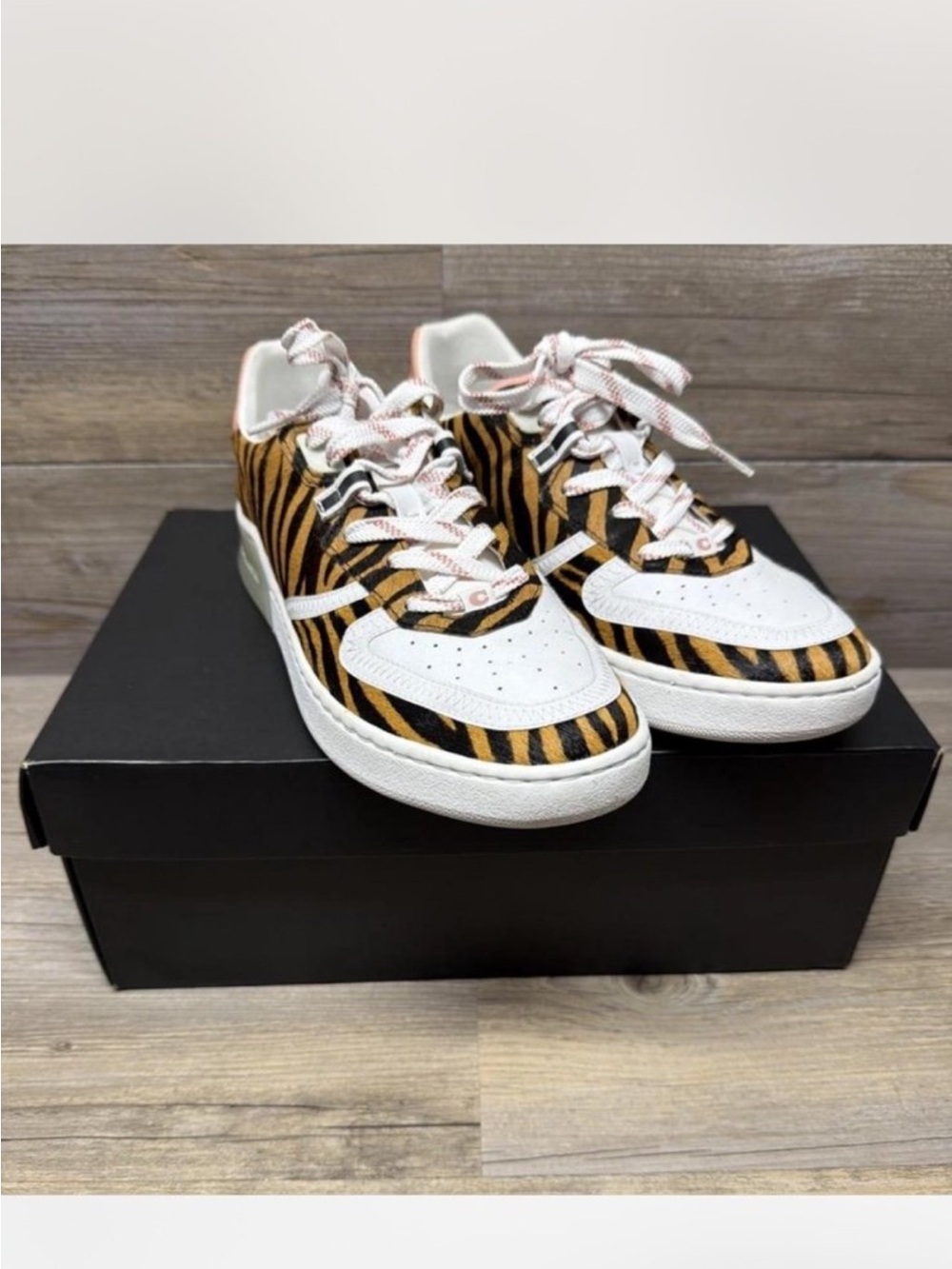 Coach Kids Tiger-Striped Low-Top Sneakers in White & Brown